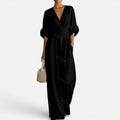 Jumpsuit Deep V Neck Wide Leg Three Quarter Sleeve