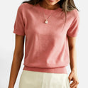 Short Sleeve Sweater Ribbed Knit Crew Neck