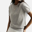 Short Sleeve Sweater Ribbed Knit Crew Neck