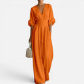 Jumpsuit Deep V Neck Wide Leg Three Quarter Sleeve