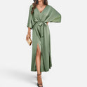 Women's V-Neck Maxi Dress with Belt and Side Slit