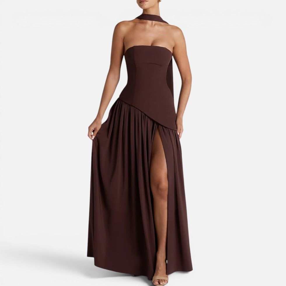 Strapless Wedding Guest Maxi Dress with High Slit – Lilly's Boutique