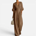 Jumpsuit Deep V Neck Wide Leg Three Quarter Sleeve