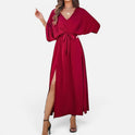 Women's V-Neck Maxi Dress with Belt and Side Slit