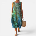 Midi Dress Relaxed Fit Sleeveless Abstract Print Crew Neck