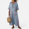 Maxi Dress Relaxed Fit Short Sleeve V Neck Striped