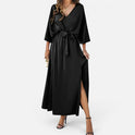 Women's V-Neck Maxi Dress with Belt and Side Slit