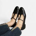 Women's T-Strap Flats – Faux Leather, Buckle