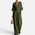 Jumpsuit Deep V Neck Wide Leg Three Quarter Sleeve