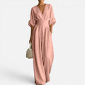 Jumpsuit Deep V Neck Wide Leg Three Quarter Sleeve