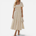 Midi Dress Tiered Floral Short Sleeve Square Neck