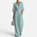 Jumpsuit Deep V Neck Wide Leg Three Quarter Sleeve