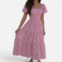 Midi Dress Tiered Floral Short Sleeve Square Neck