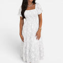 Midi Dress Tiered Floral Short Sleeve Square Neck