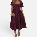 Midi Dress Tiered Floral Short Sleeve Square Neck