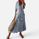 Maxi Dress Tassel Tie V Neck Three Quarter Sleeve Printed