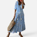 Maxi Dress Tassel Tie V Neck Three Quarter Sleeve Printed