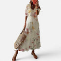 Maxi Dress Tassel Tie V Neck Three Quarter Sleeve Printed
