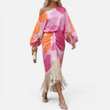Midi Dress One Shoulder Fringe Hem Long Sleeve Printed
