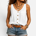 Tank Top Button Front Sleeveless Pocket Detail