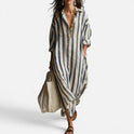 Maxi Shirt Dress Relaxed Fit Striped Collared Long Sleeve