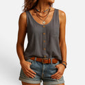 Tank Top Button Front Sleeveless Pocket Detail