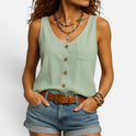 Tank Top Button Front Sleeveless Pocket Detail