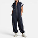 Jumpsuit Zip Front Drawstring High Neck Sleeveless Stripe