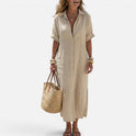Shirt Dress Button Front Collared Short Sleeve Maxi Dress