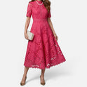 Midi Dress Lace Fit and Flare Short Sleeve High Neck