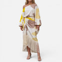 Midi Dress One Shoulder Fringe Hem Long Sleeve Printed