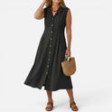 Midi Dress Button Front Sleeveless Collared Fit and Flare