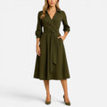 Midi Dress Wrap Tie Waist Long Sleeve Collared