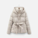 Puffer Jacket Belted Hooded Long Sleeve Zip Front