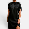 Shift Dress High Neck Short Sleeve Solid