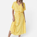 Midi Dress Drawstring Waist Short Sleeve Polka Dot Collared