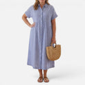 Striped Midi Shirt Dress Button Front Short Sleeve