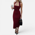 Midi Dress Halter Bodycon Sleeveless Square Neck