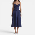 Midi Dress Ruched Bodice Sleeveless Square Neck