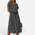 Midi Dress Drawstring Waist Short Sleeve Polka Dot Collared
