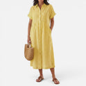 Striped Midi Shirt Dress Button Front Short Sleeve