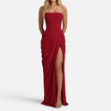 Maxi Dress Ruched Strapless High Slit Sleeveless