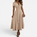 Midi Wrap Dress Tie Waist Short Sleeve Collared