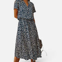 Midi Dress Drawstring Waist Short Sleeve Polka Dot Collared