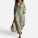 Maxi Shirt Dress Relaxed Fit Striped Collared Long Sleeve