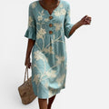 Midi Dress Button Front Floral Three Quarter Sleeve
