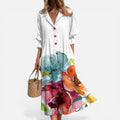 Midi Dress Button Front Printed Long Sleeve