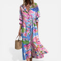 Midi Dress Button Front Printed Long Sleeve