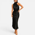 High Neck Satin Midi Dress