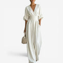 Women's V-Neck Wide-Leg Jumpsuit with Pockets